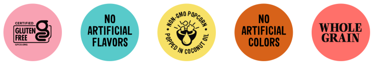 Certified Gluten Free No Artificial Flavors NON-GMO Popcorn Popped in Coconut Oil No Artificial Colors Whole Grain